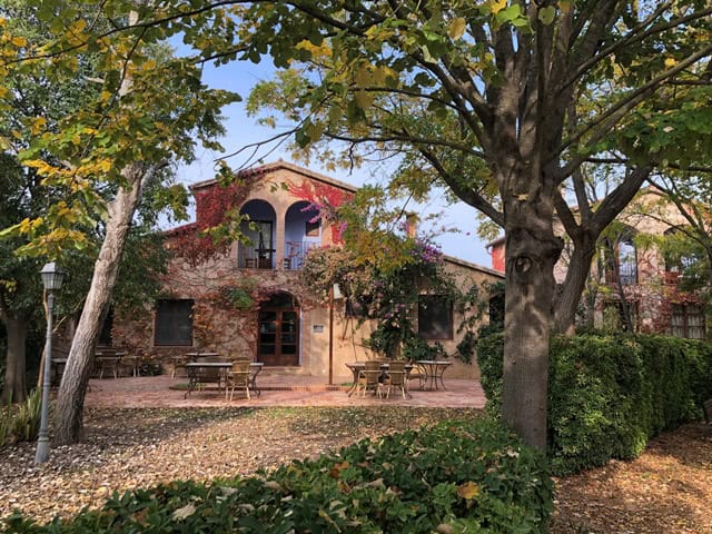Un edificio de estilo mediterráneo con paredes cubiertas de hiedra, ventanas arqueadas y un patio con mesas y sillas, rodeado de árboles y vegetación.