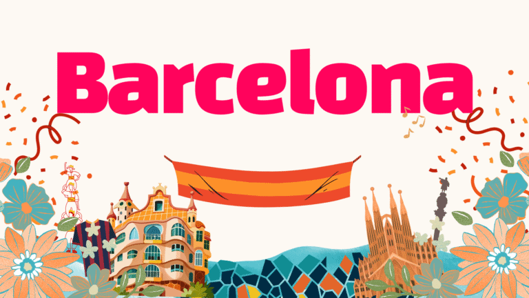 Illustration of Barcelona in bold pink letters with floral motifs, famous buildings, and a waving Spanish flag on a light background—perfect inspiration for corporate events in Spain.