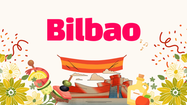 The word Bilbao appears above an illustration of the Guggenheim Museum, Spanish foods, flowers, festive decorations—perfect inspiration for corporate events in Spain.