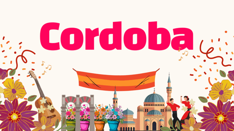 Illustration of Cordoba with bold text, floral decorations, a guitar, pots of flowers, a Spanish flag, and iconic buildings including the Mosque-Cathedral—plus a dancing couple celebrating corporate events in Spain.