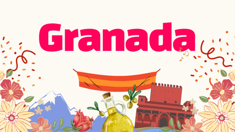 The word Granada in bold pink letters above illustrations of flowers, a mountain, a fortress, a bottle of olive oil, a pomegranate, and a Spanish flag—perfect inspiration for corporate events in Spain.