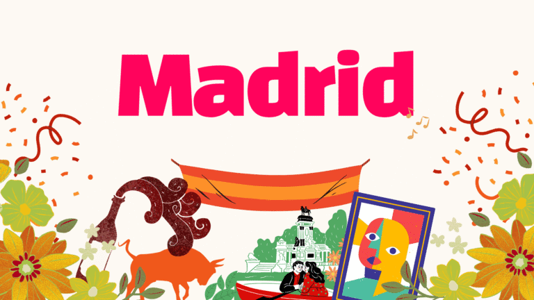 Illustration with Madrid in bold text, Spanish cultural elements including a bull, flowers, a boat, a landmark, a painting, and festive decorations—perfect inspiration for corporate events in Spain.