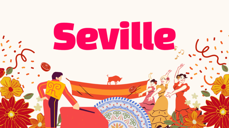 Illustration featuring the word Seville with a bullfighter, flamenco dancers, flowers, confetti, a decorative plate, and festive symbols—perfect inspiration for corporate events in Spain.